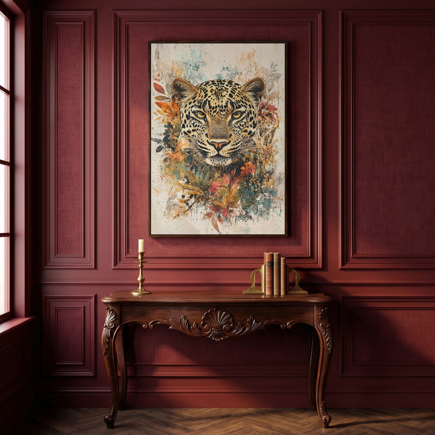 Leopard & Florals Canvas Wall Art in Ochre and Teal in dark walnut floating frame