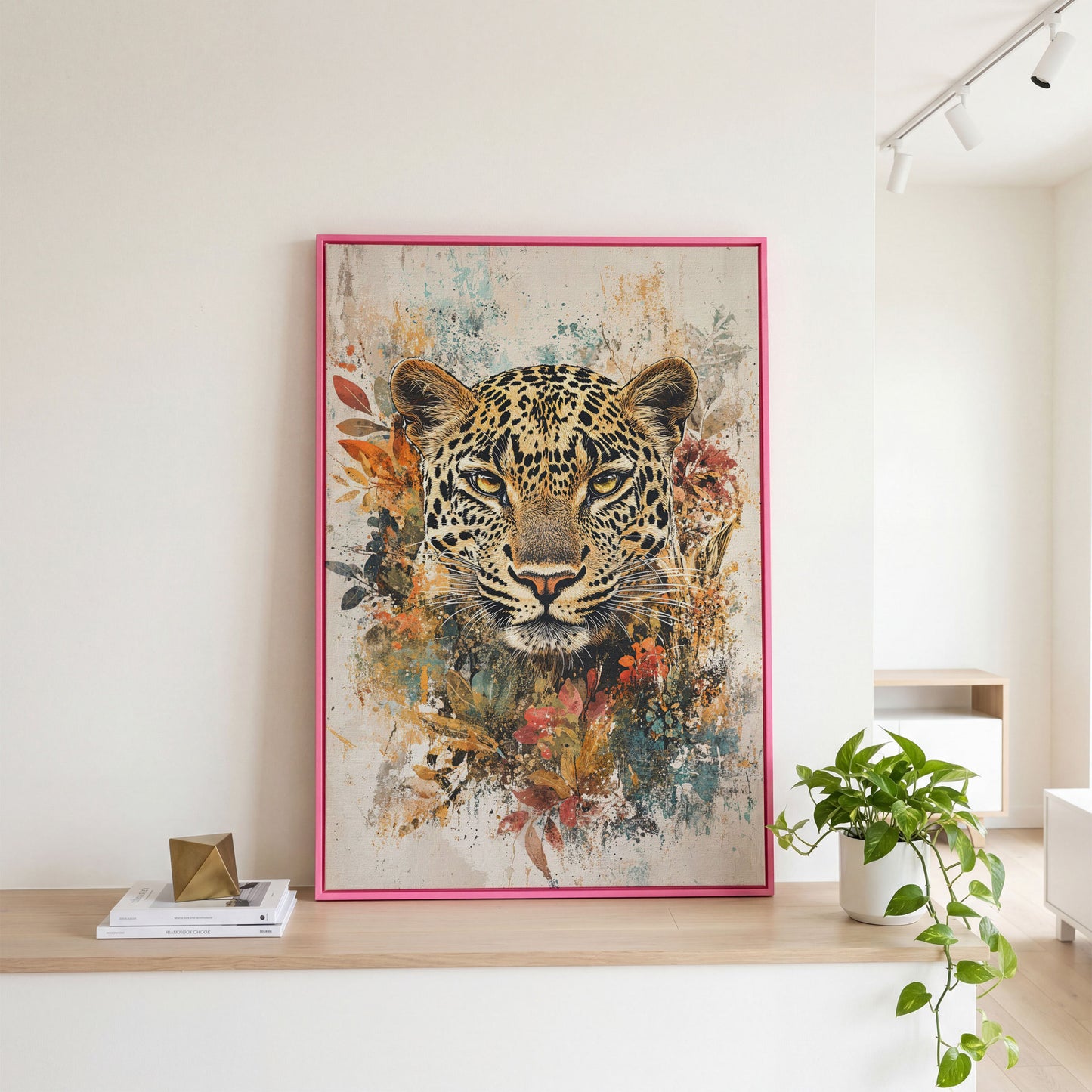 Leopard & Florals Canvas Wall Art in Ochre and Teal in pink floating frame