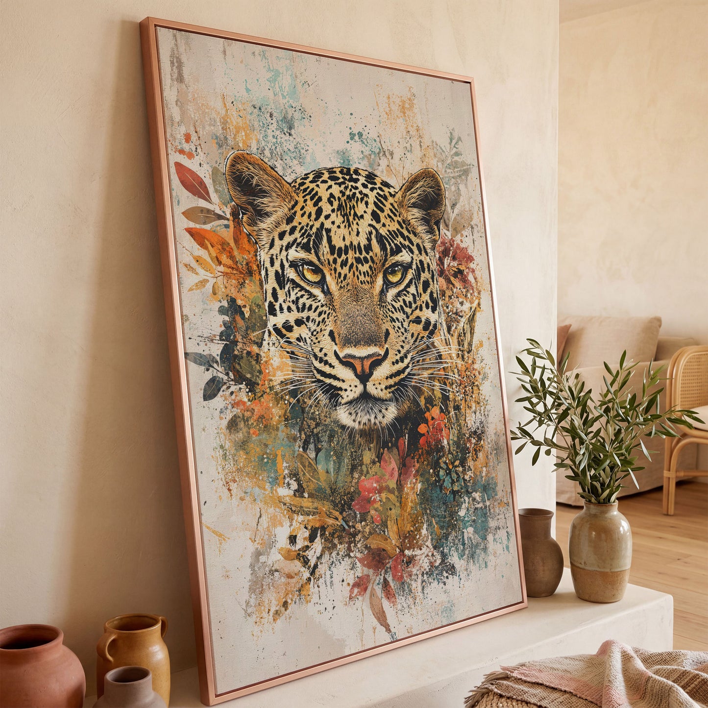 Leopard & Florals Canvas Wall Art in Ochre and Teal in rose gold floating frame
