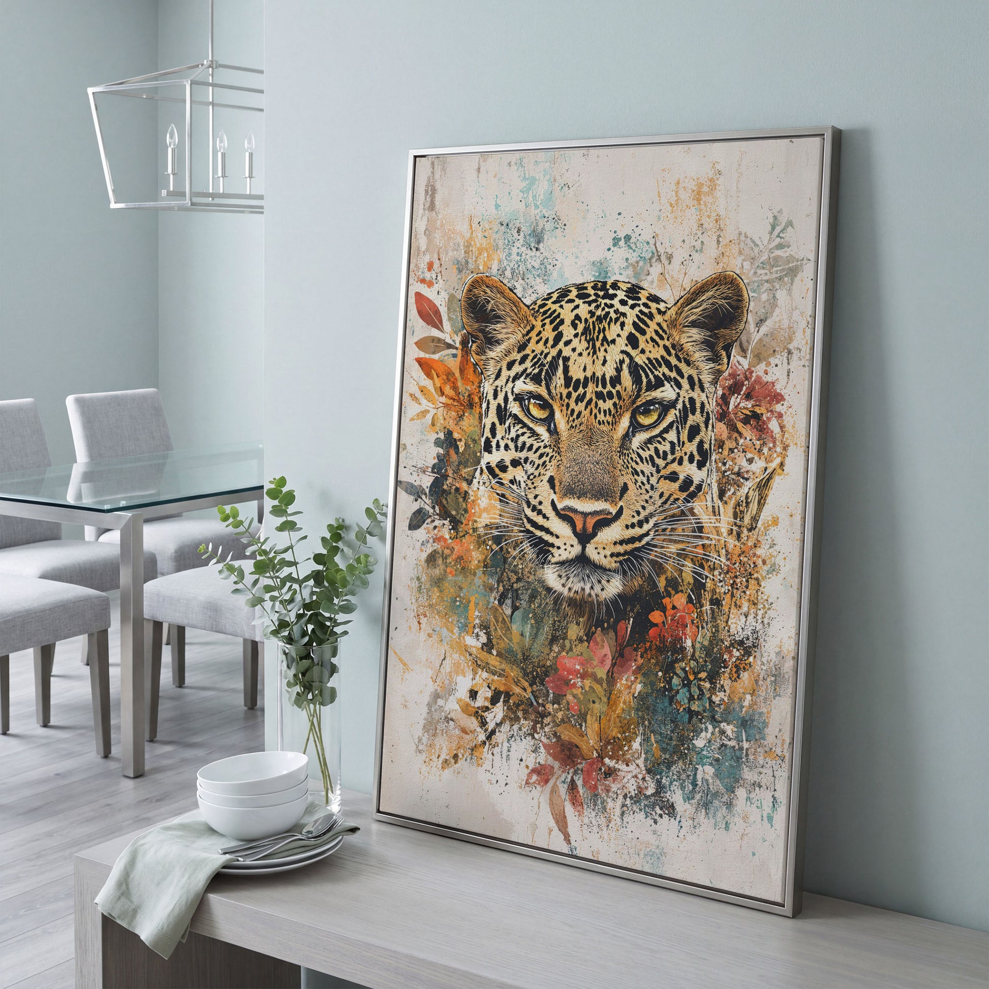 Leopard & Florals Canvas Wall Art in Ochre and Teal in silver floating frame