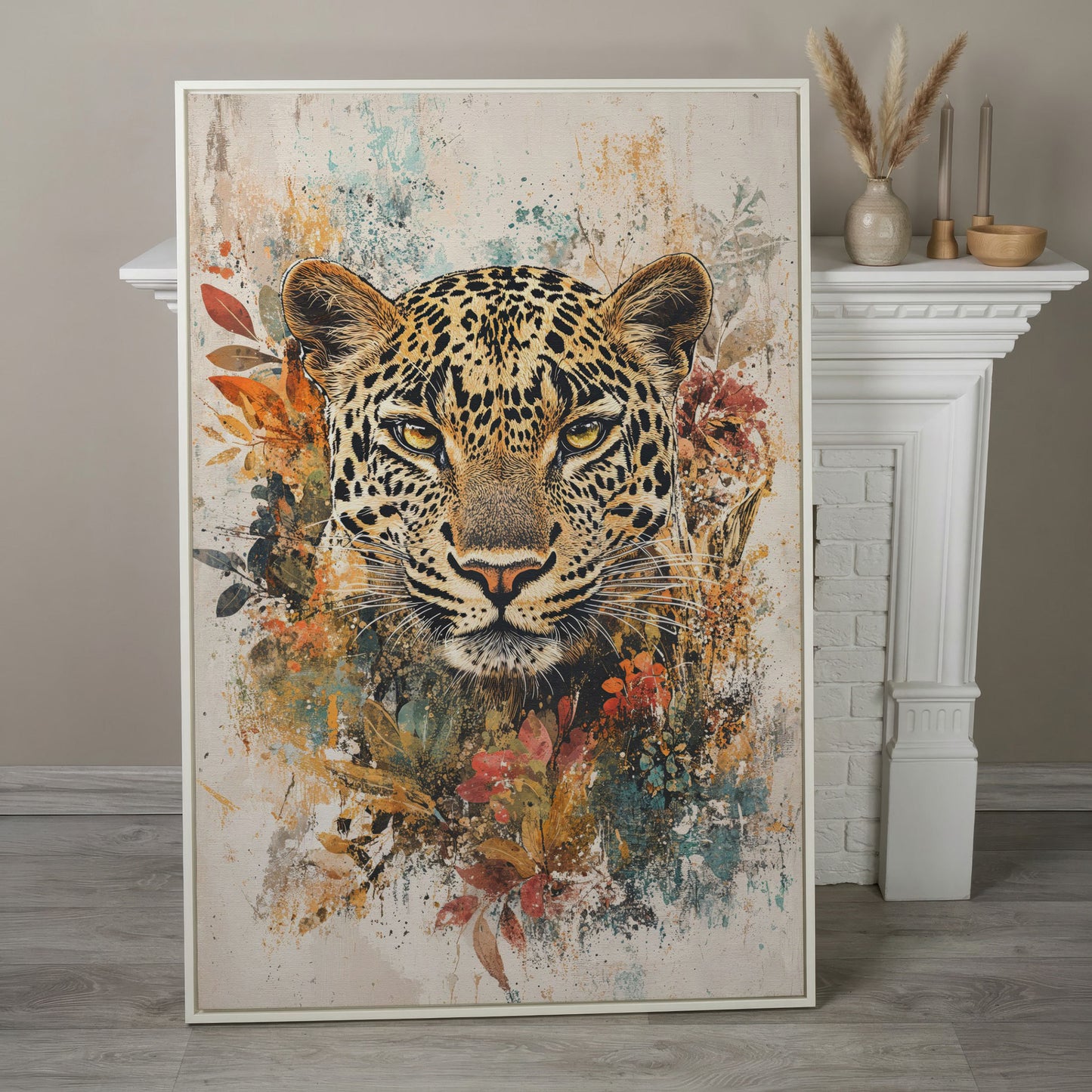 Leopard & Florals Canvas Wall Art in Ochre and Teal in white floating frame