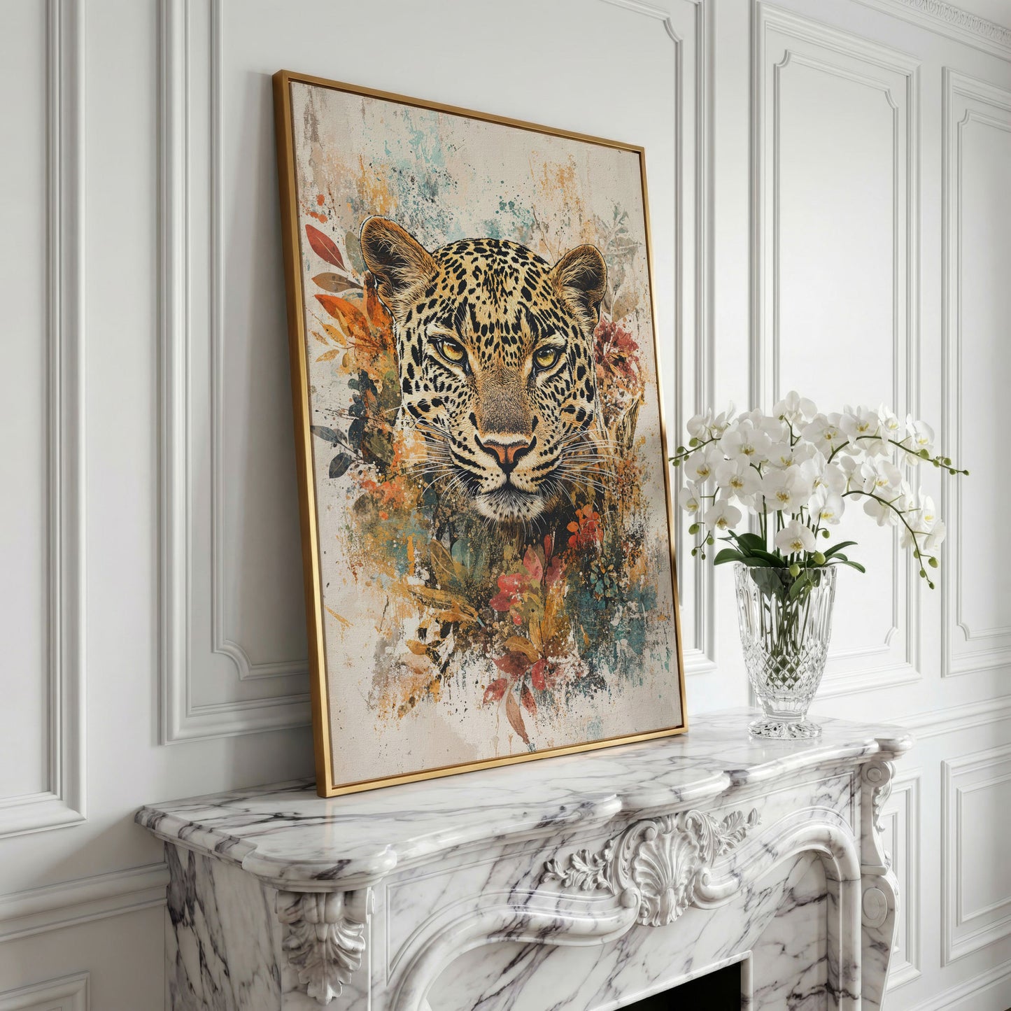 Leopard & Florals Canvas Wall Art in Ochre and Teal in yellow gold floating frame