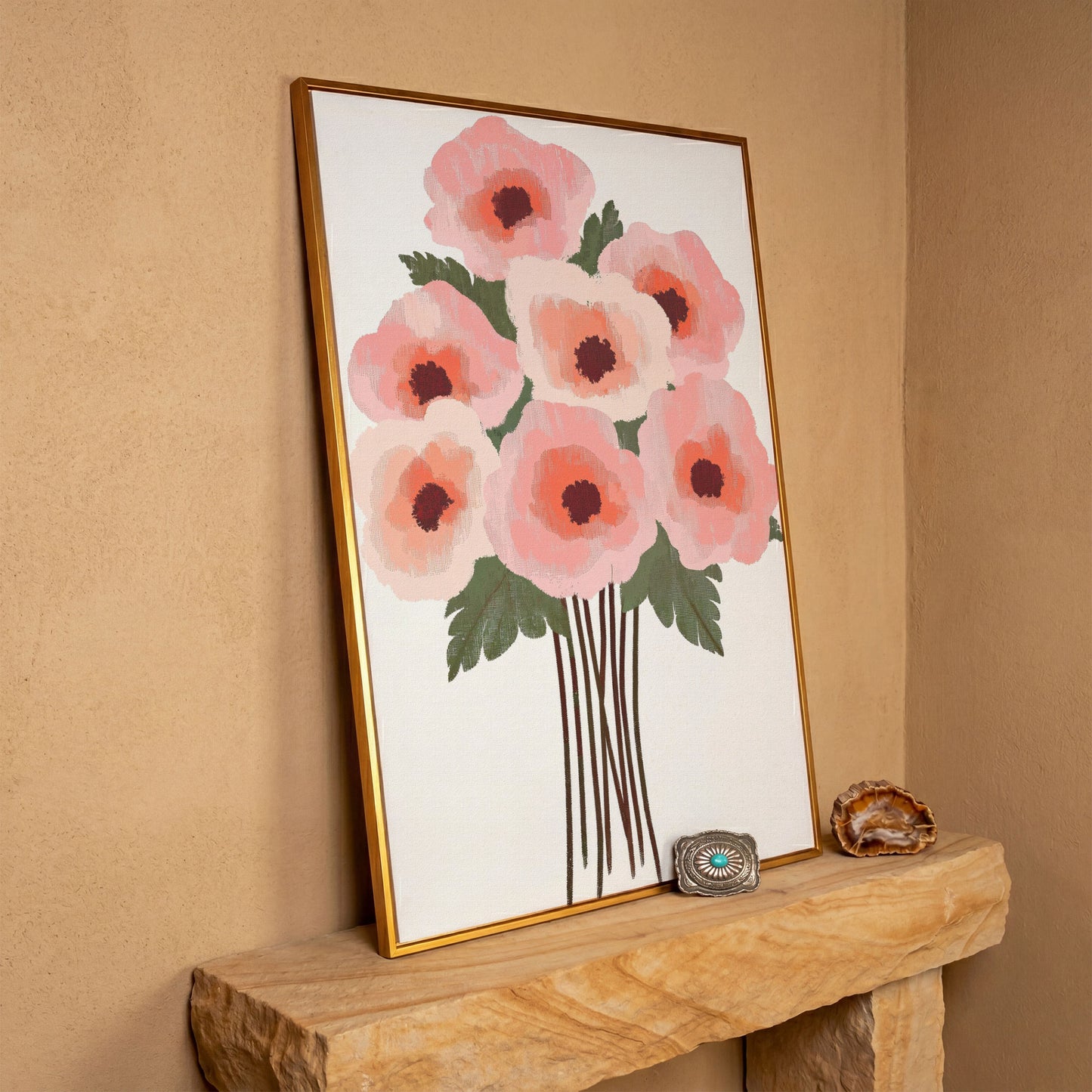 Pink Poppy Bouquet Canvas Print in antique gold floating frame