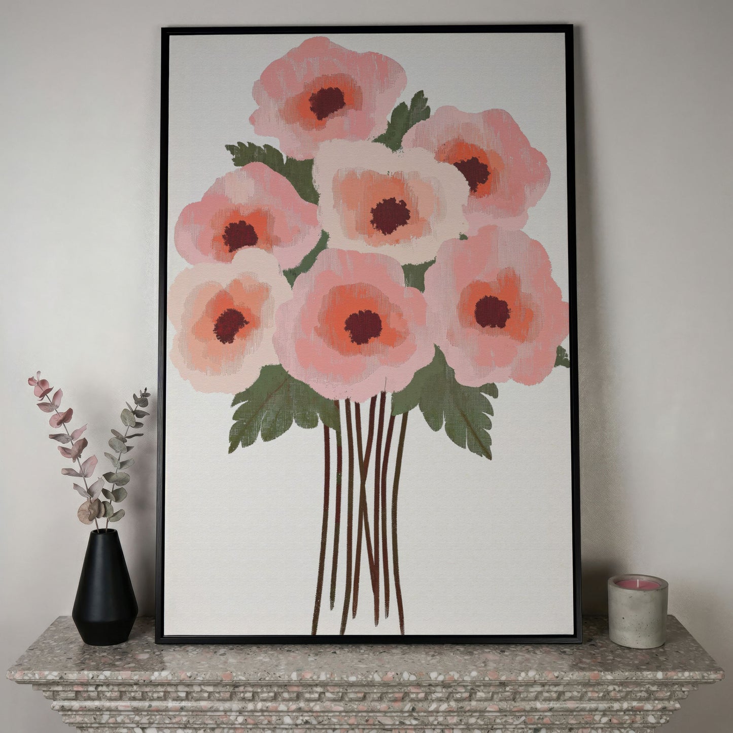 Pink Poppy Bouquet Canvas Print in black floating frame