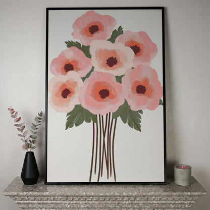 Pink Poppy Bouquet Canvas Print in black floating frame