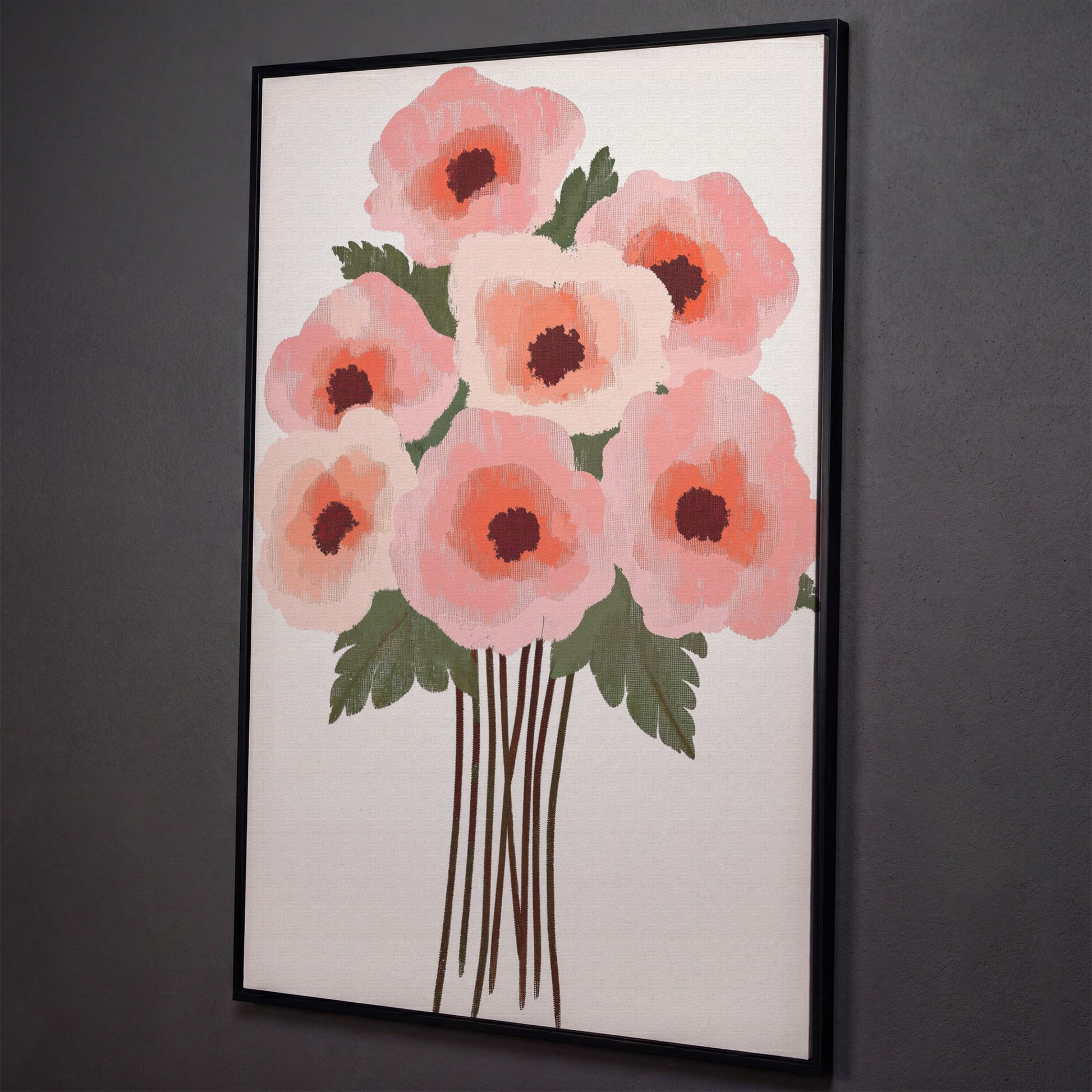 Pink Poppy Bouquet Canvas Print shown in black floating frame
