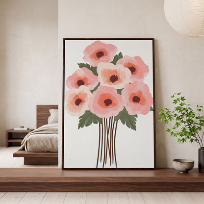 Pink Poppy Bouquet Canvas Print in dark walnut floating frame