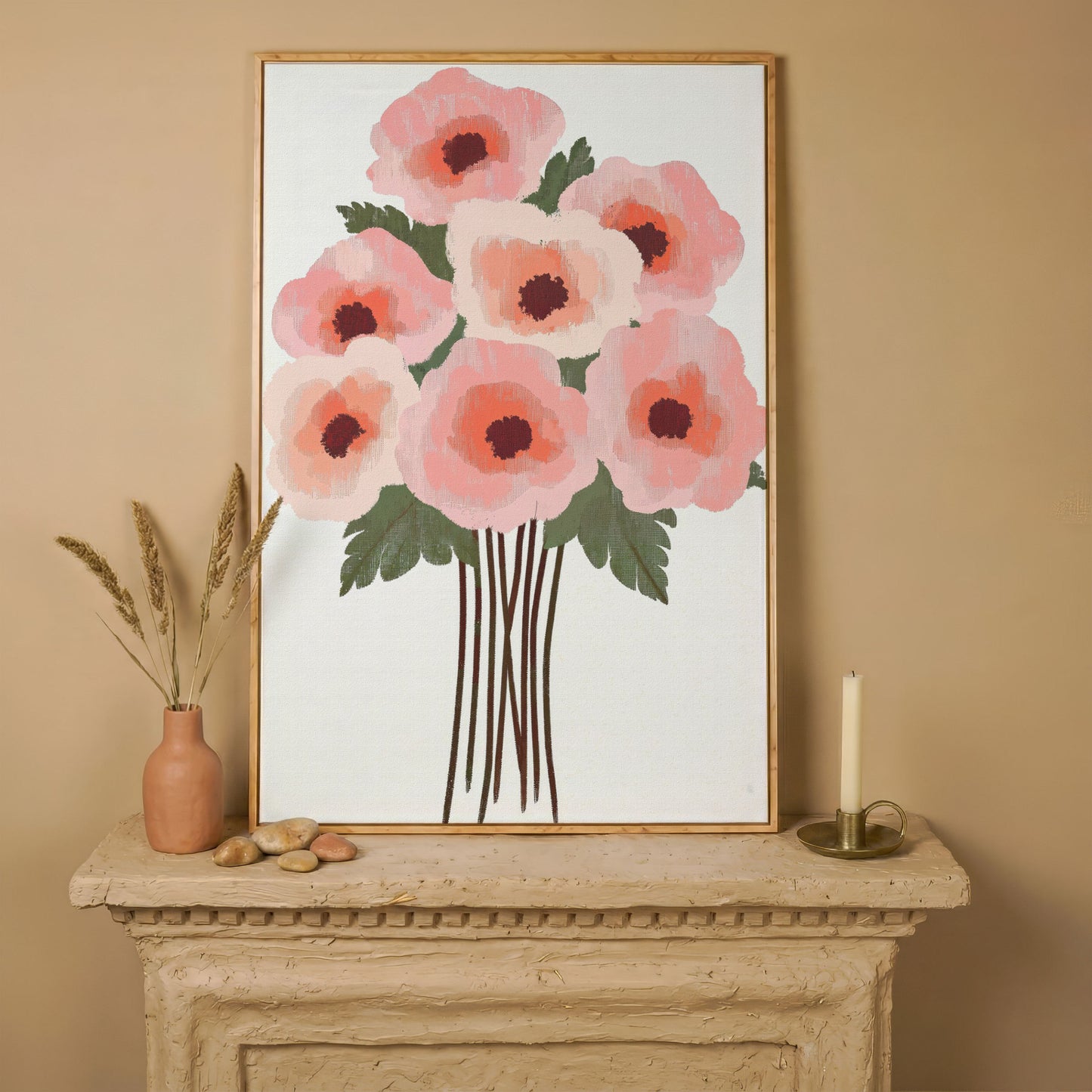 Pink Poppy Bouquet Canvas Print in white oak floating frame