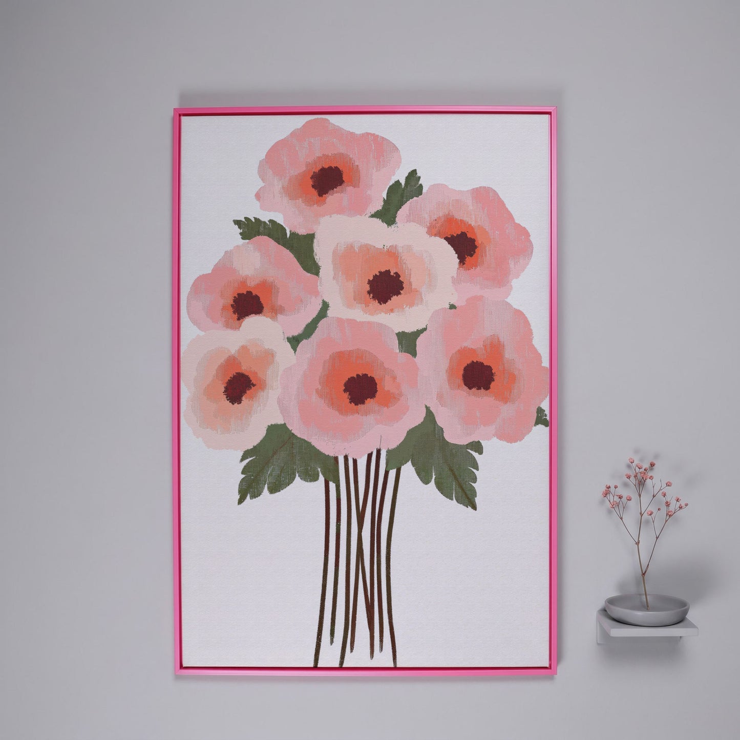 Pink Poppy Bouquet Canvas Print in pink floating frame