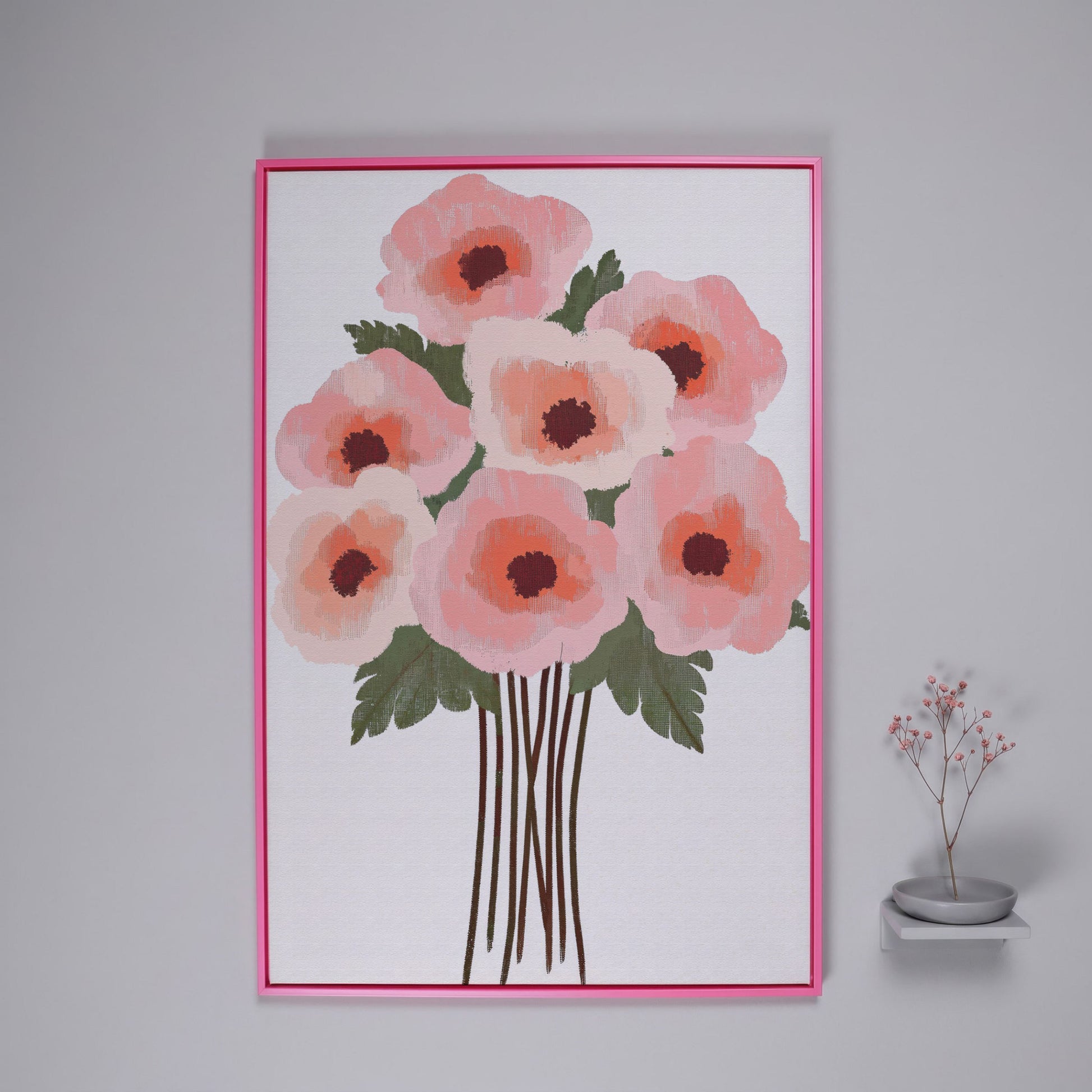 Pink Poppy Bouquet Canvas Print in pink floating frame