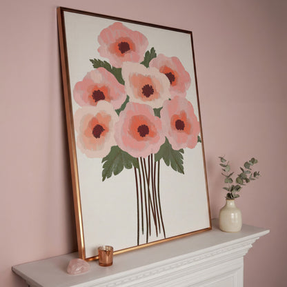 Pink Poppy Bouquet Canvas Print in rose gold floating frame