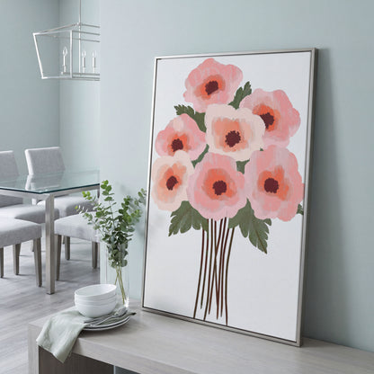 Pink Poppy Bouquet Canvas Print in silver floating frame