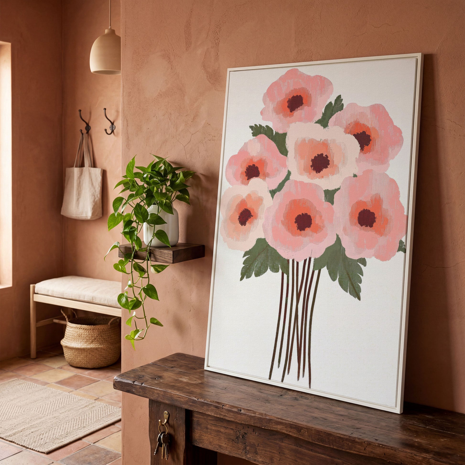 Pink Poppy Bouquet Canvas Print in white floating frame