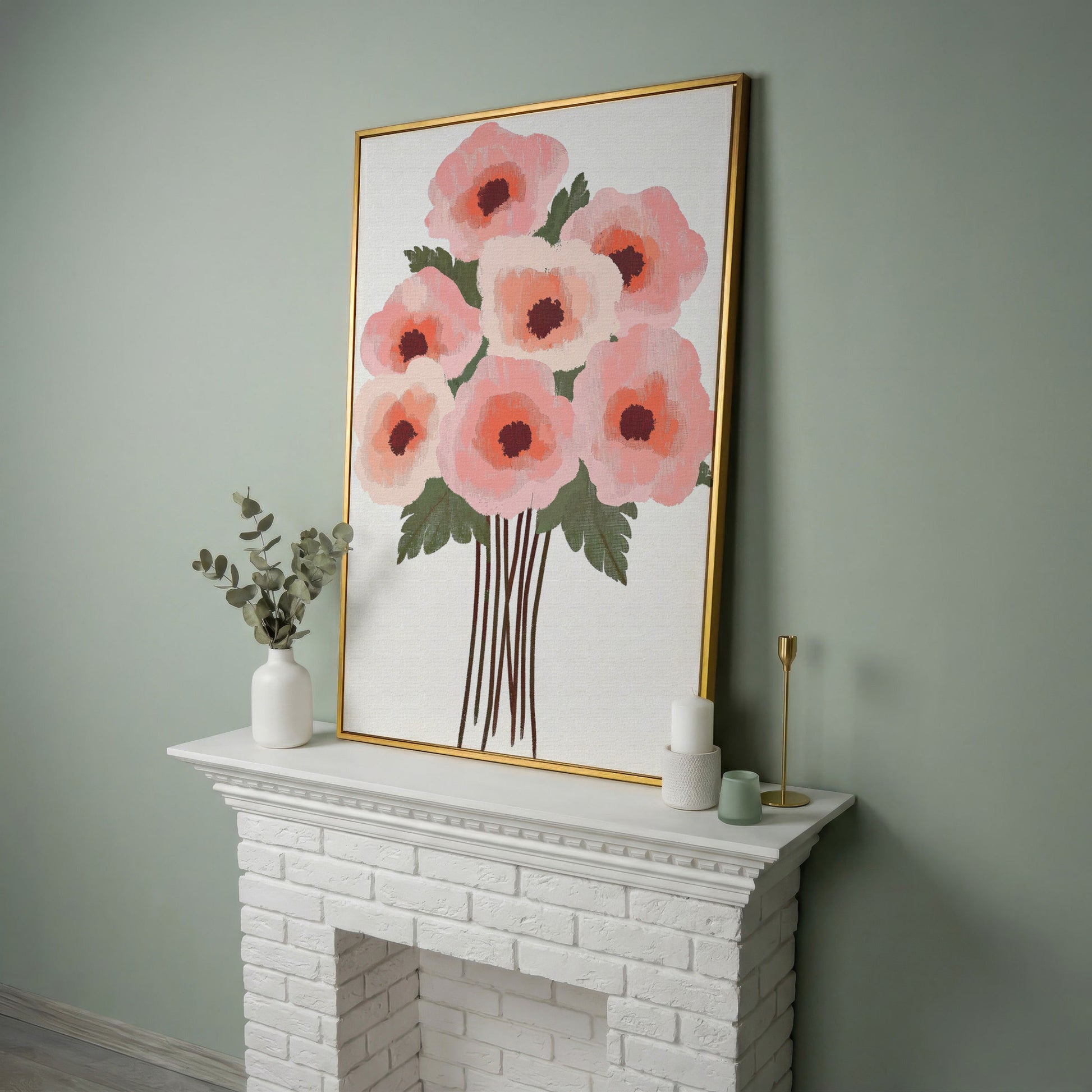 Pink Poppy Bouquet Canvas Print in yellow gold floating frame