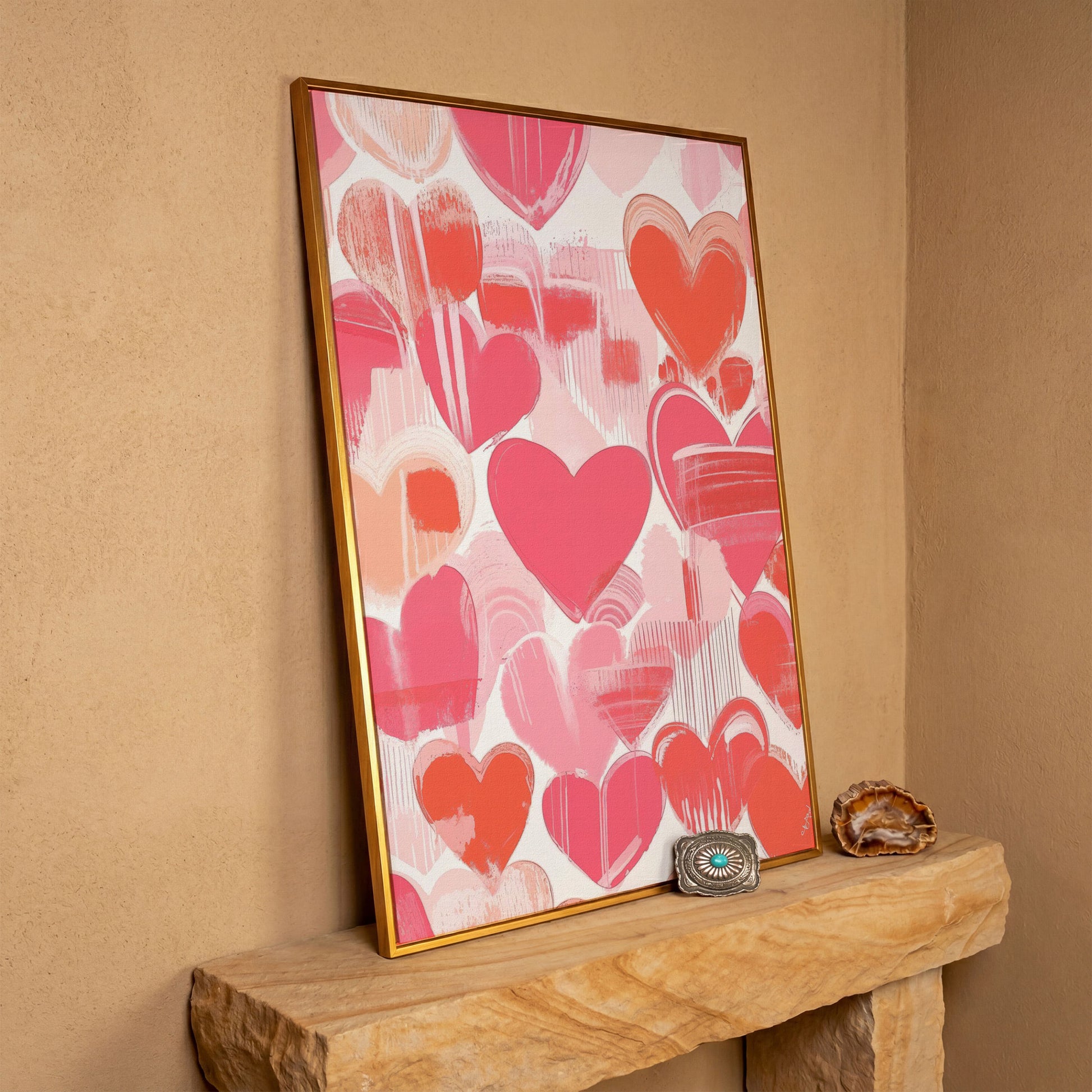 Pink Hearts Canvas Print with Coral and Salmon Brushstrokes in antique gold floating frame