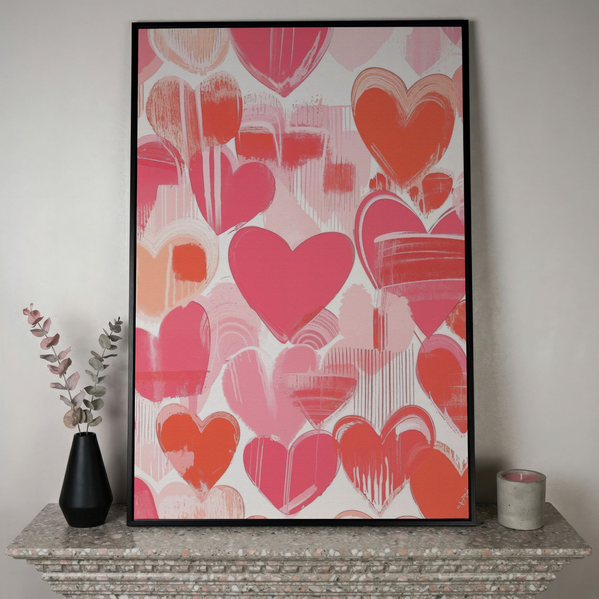Pink Hearts Canvas Print with Coral and Salmon Brushstrokes in black floating frame