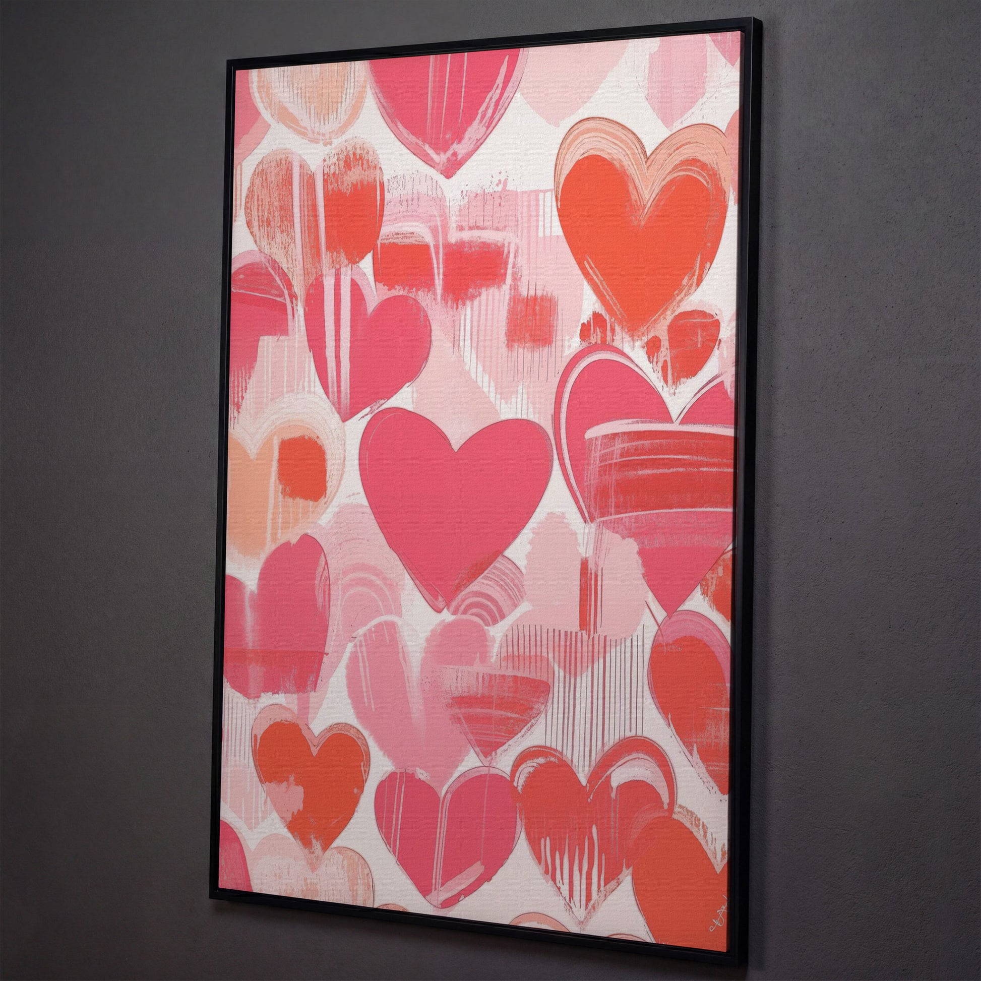 Pink Hearts Canvas Print with Coral and Salmon Brushstrokes shown in black floating frame