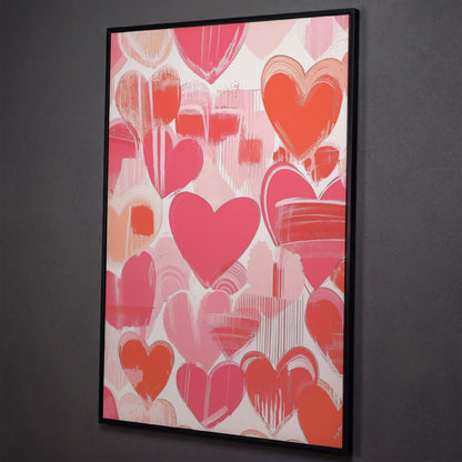 Pink Hearts Canvas Print with Coral and Salmon Brushstrokes shown in black floating frame