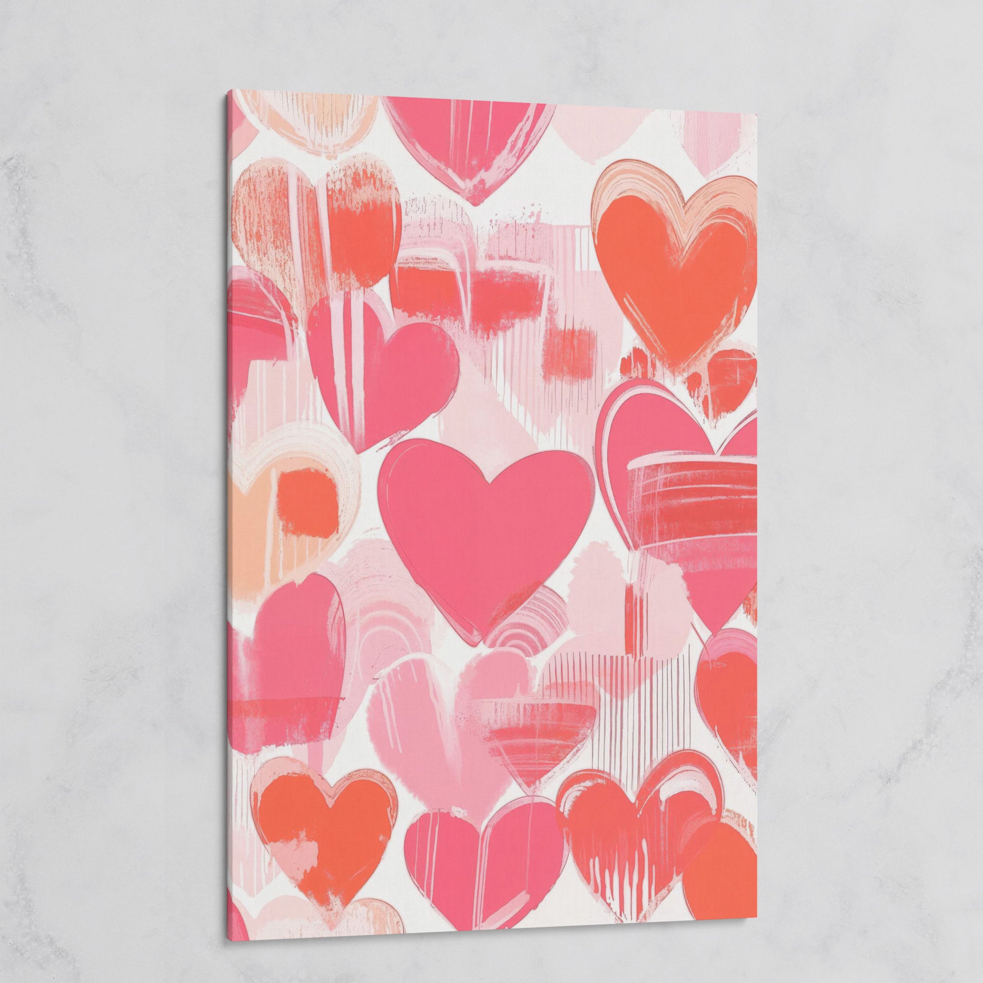 Pink Hearts Canvas Print with Coral and Salmon Brushstrokes on gallery wrap