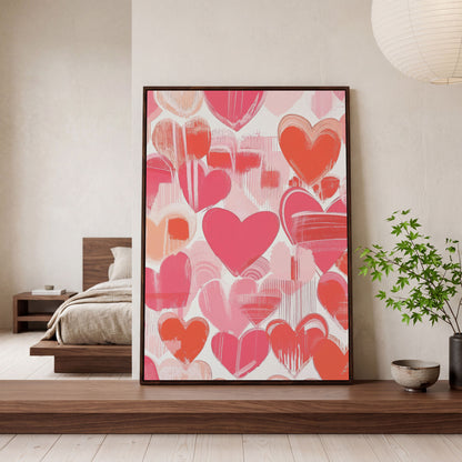 Pink Hearts Canvas Print with Coral and Salmon Brushstrokes in dark walnut floating frame
