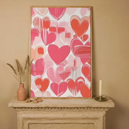 Pink Hearts Canvas Print with Coral and Salmon Brushstrokes in white oak floating frame