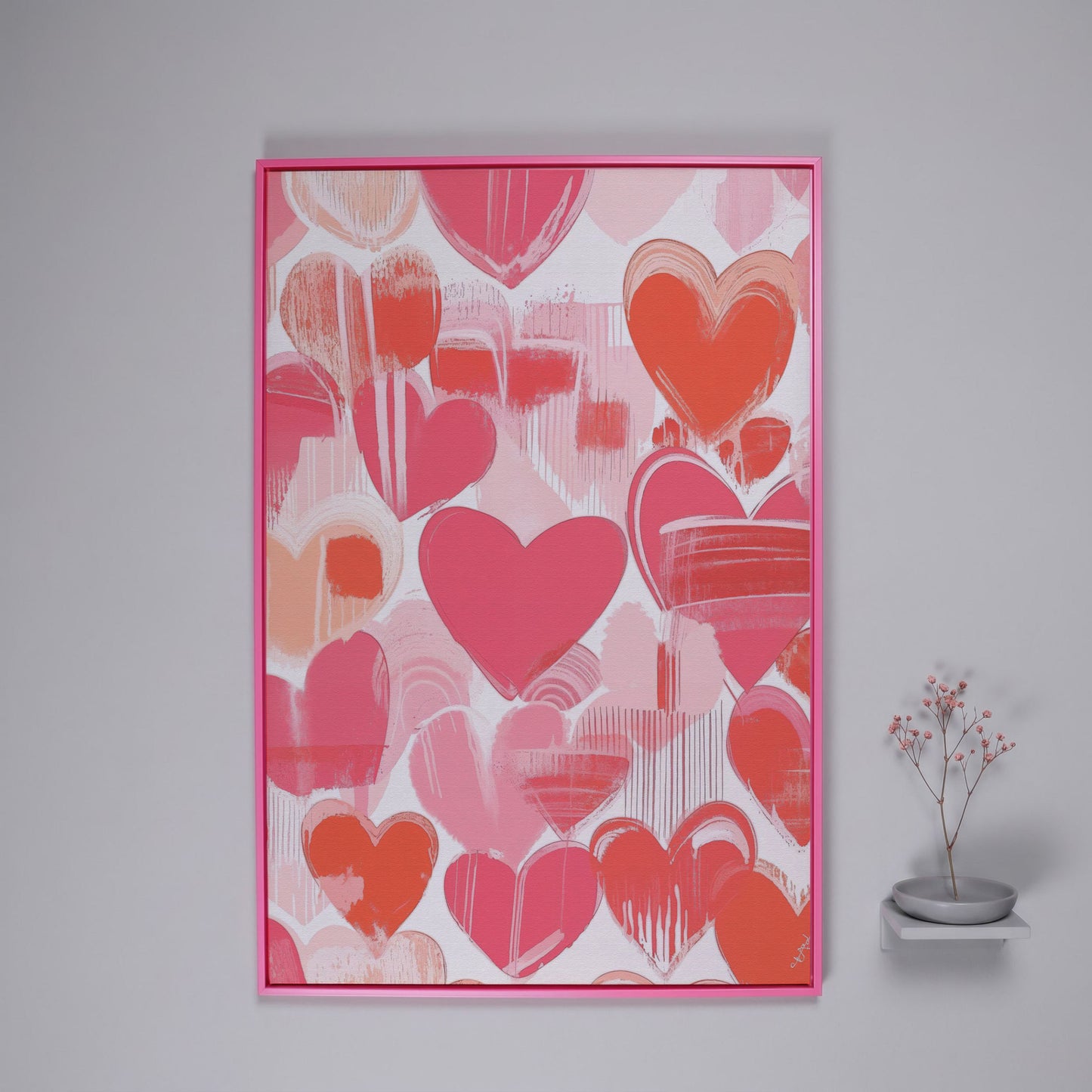 Pink Hearts Canvas Print with Coral and Salmon Brushstrokes in pink floating frame