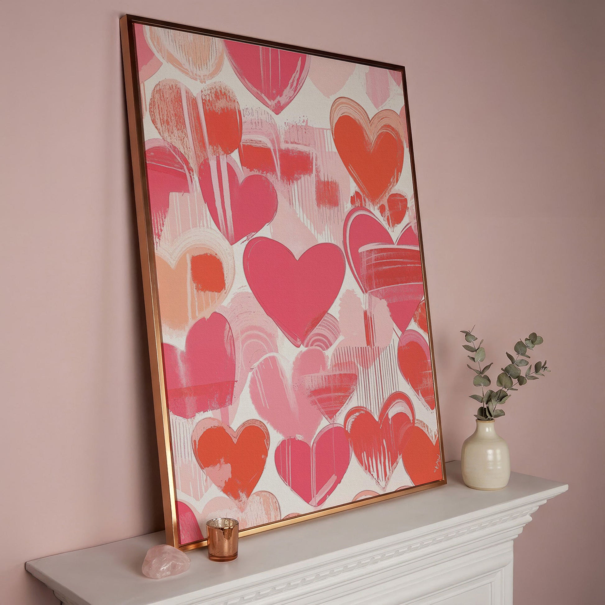 Pink Hearts Canvas Print with Coral and Salmon Brushstrokes in rose gold floating frame