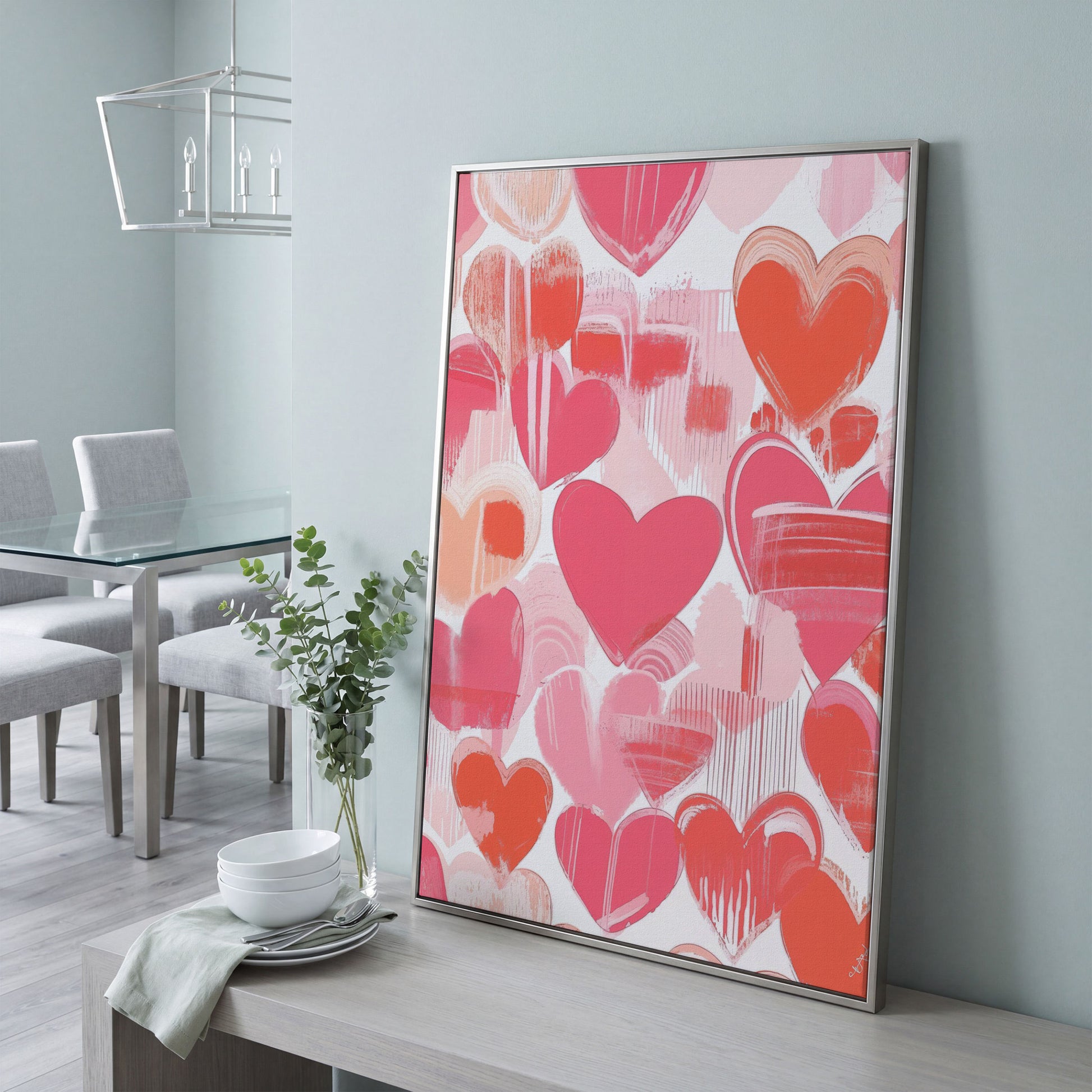 Pink Hearts Canvas Print with Coral and Salmon Brushstrokes in silver floating frame