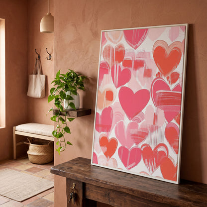 Pink Hearts Canvas Print with Coral and Salmon Brushstrokes in white floating frame