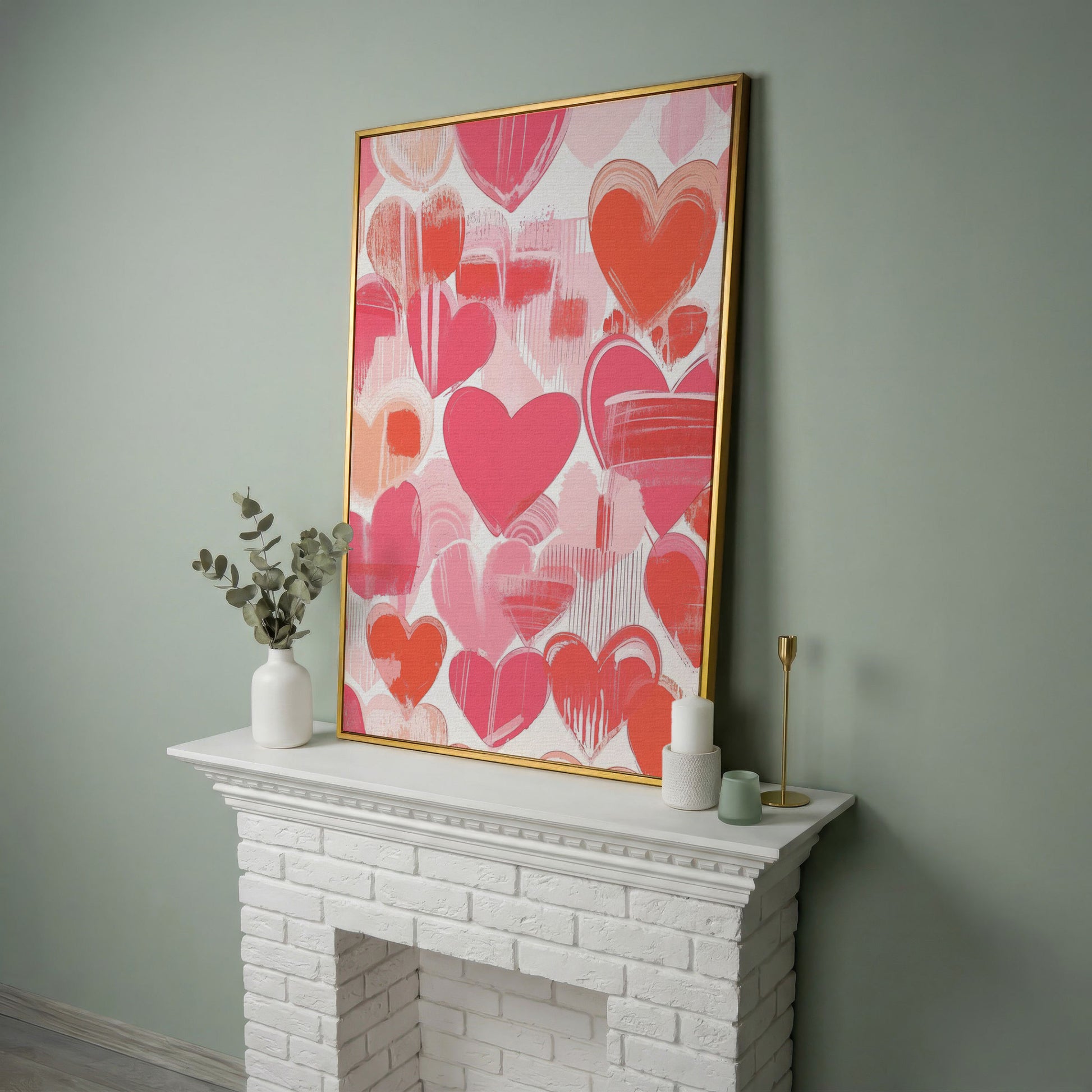 Pink Hearts Canvas Print with Coral and Salmon Brushstrokes in yellow gold floating frame