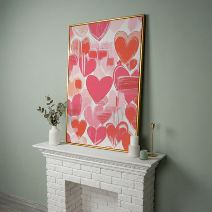 Pink Hearts Canvas Print with Coral and Salmon Brushstrokes in yellow gold floating frame