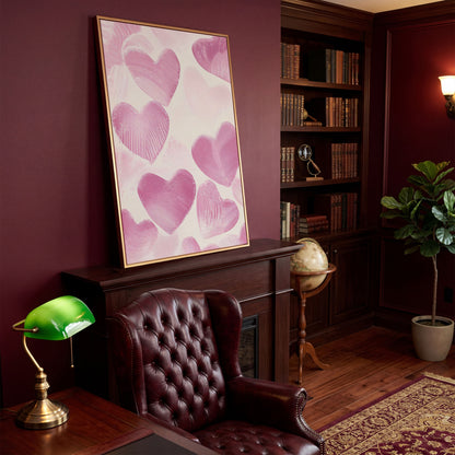 Romantic Pink Heart Canvas Wall Art in antique gold floating frame