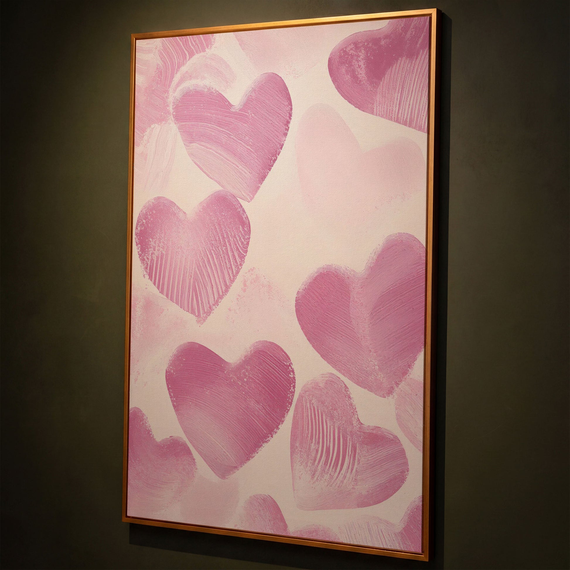 Romantic Pink Heart Canvas Wall Art shown in antique gold floating frame