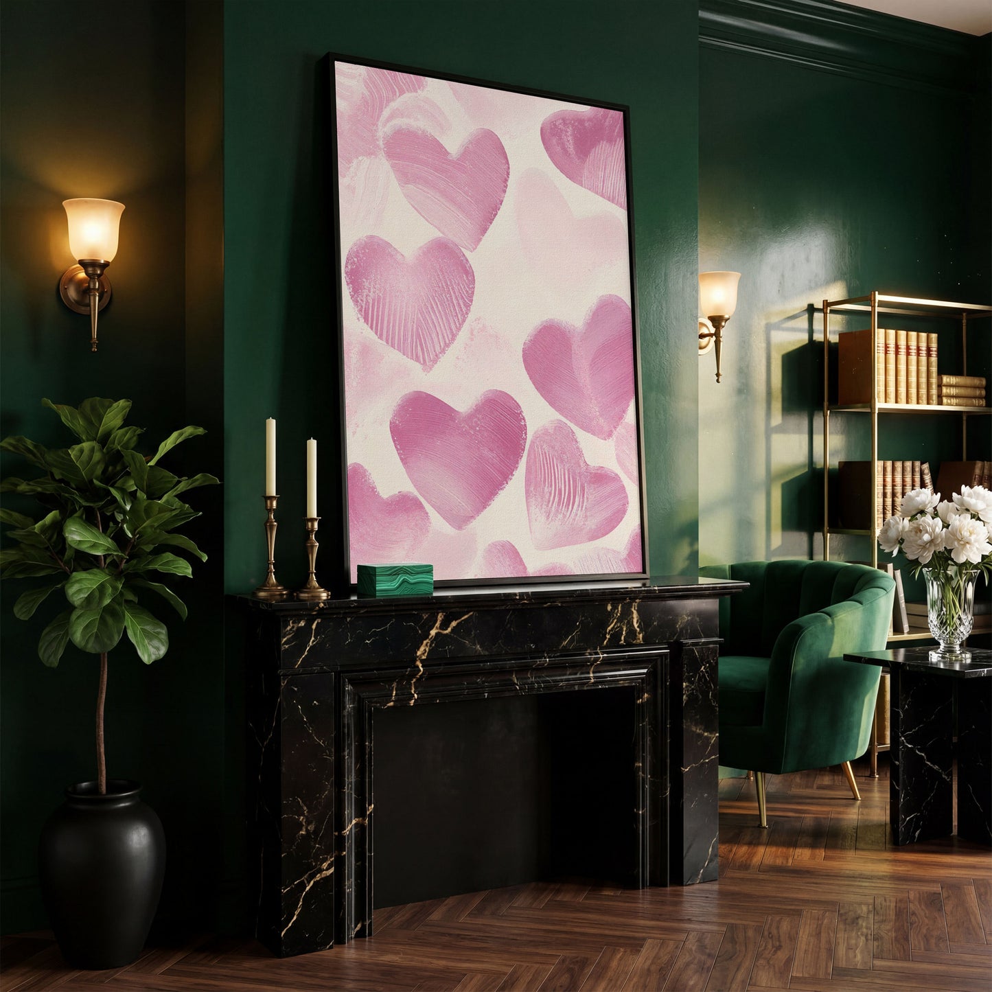 Romantic Pink Heart Canvas Wall Art in black floating frame