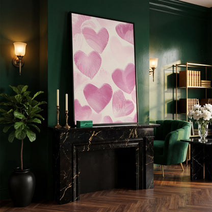 Romantic Pink Heart Canvas Wall Art in black floating frame