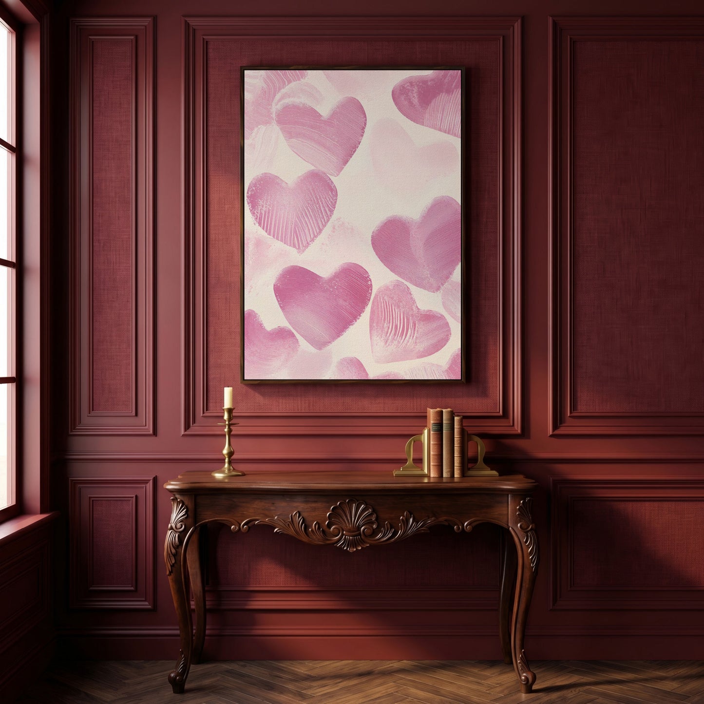 Romantic Pink Heart Canvas Wall Art in dark walnut floating frame