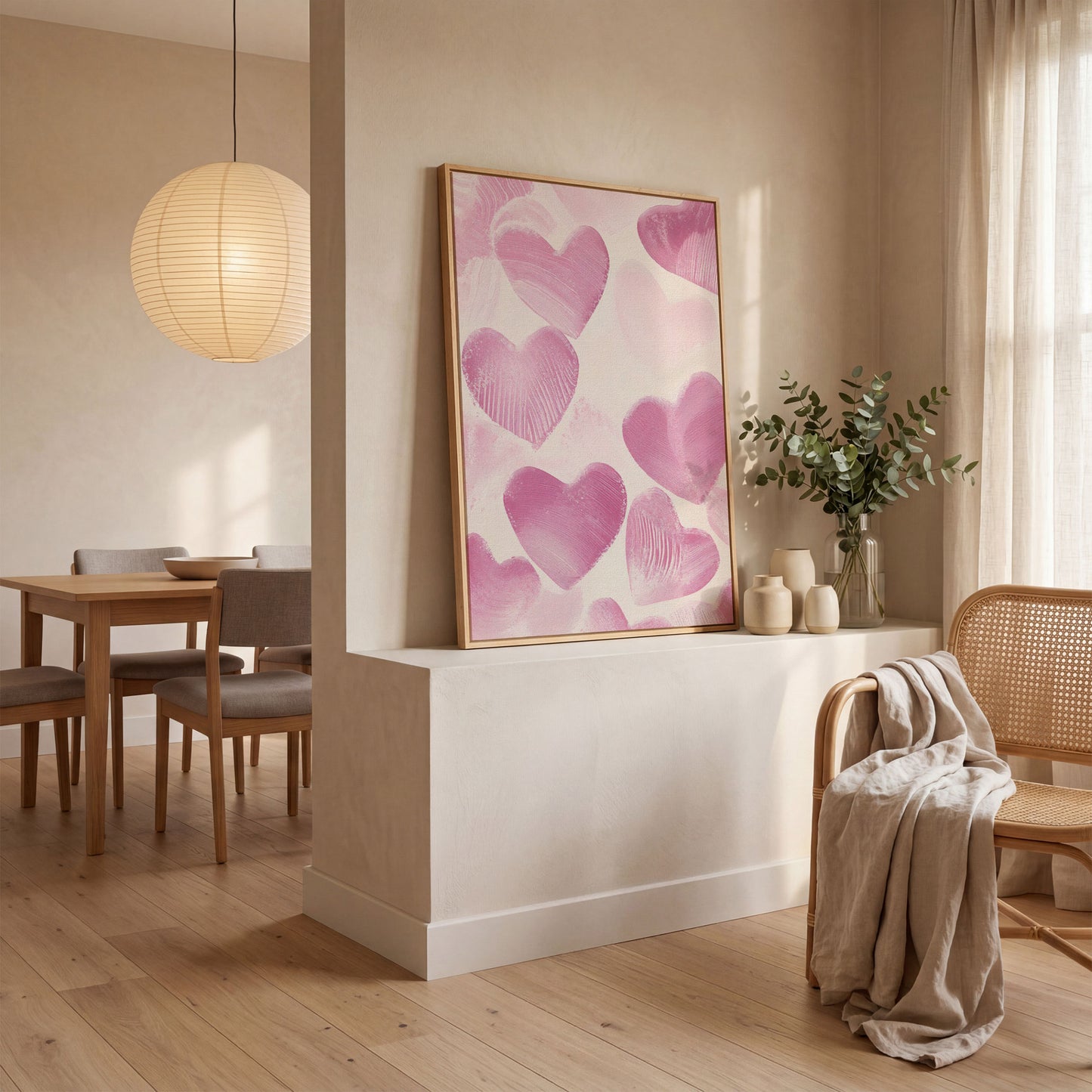 Romantic Pink Heart Canvas Wall Art in white oak floating frame