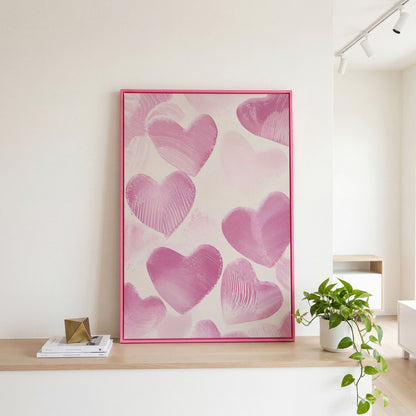 Romantic Pink Heart Canvas Wall Art in pink floating frame