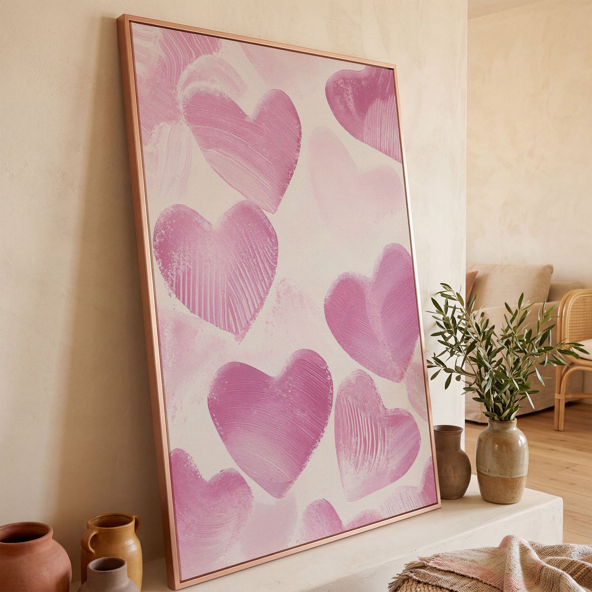 Romantic Pink Heart Canvas Wall Art in rose gold floating frame