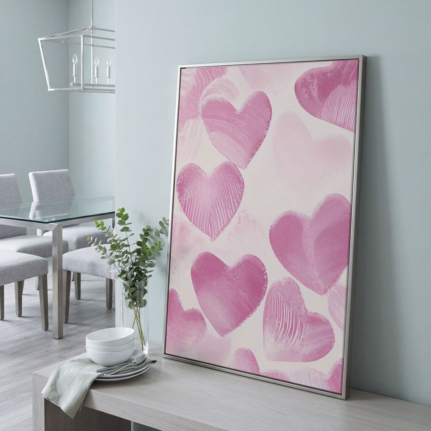 Romantic Pink Heart Canvas Wall Art in silver floating frame