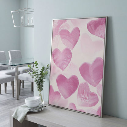 Romantic Pink Heart Canvas Wall Art in silver floating frame
