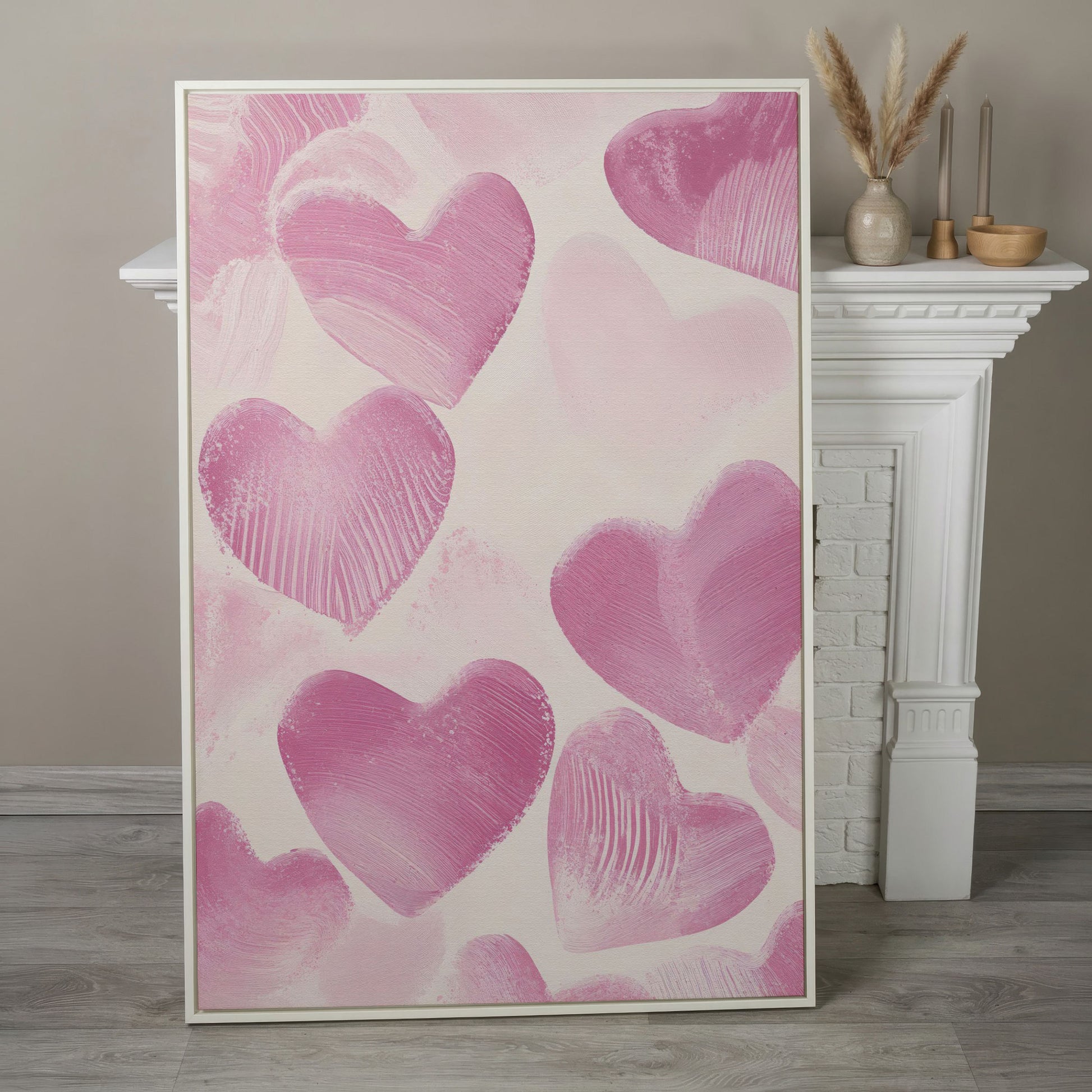 Romantic Pink Heart Canvas Wall Art in white floating frame