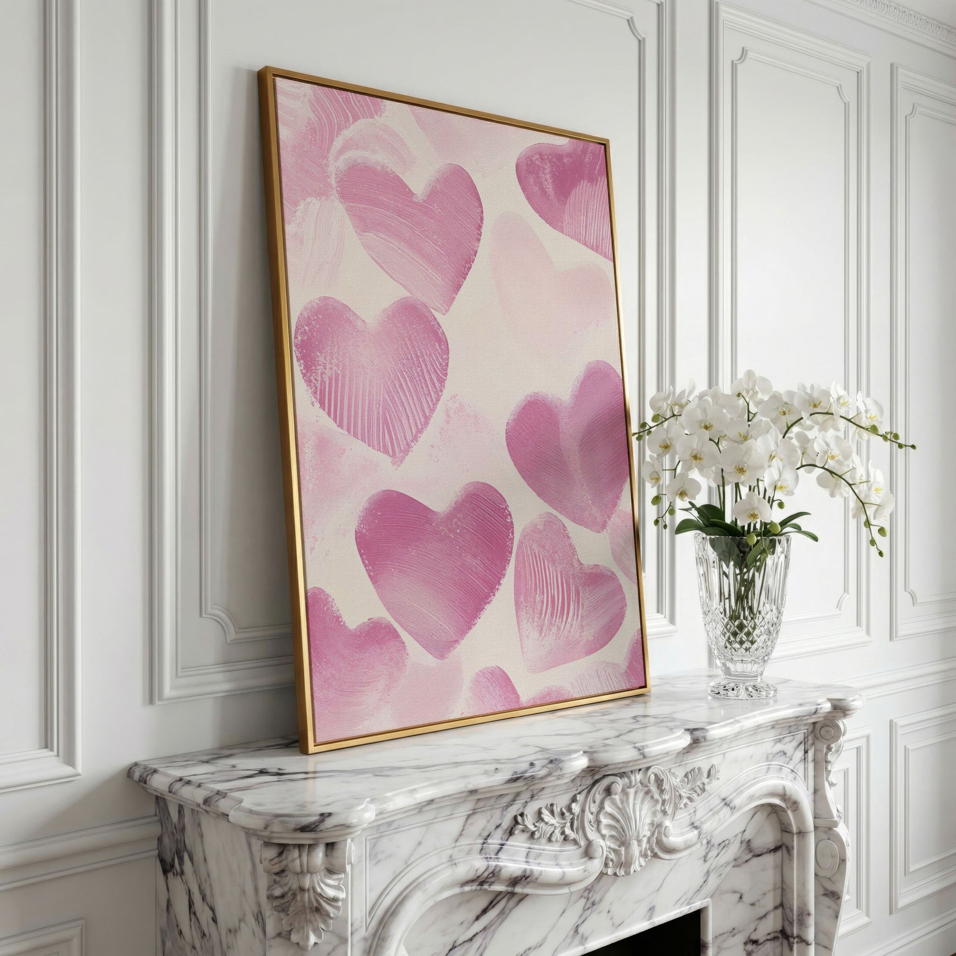 Romantic Pink Heart Canvas Wall Art in yellow gold floating frame
