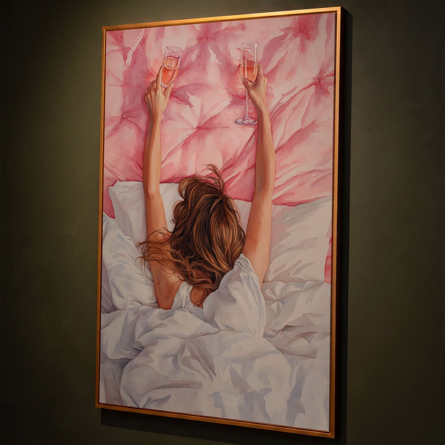 Pink Champagne Canvas Print for Feminine Bedroom Decor shown in antique gold floating frame
