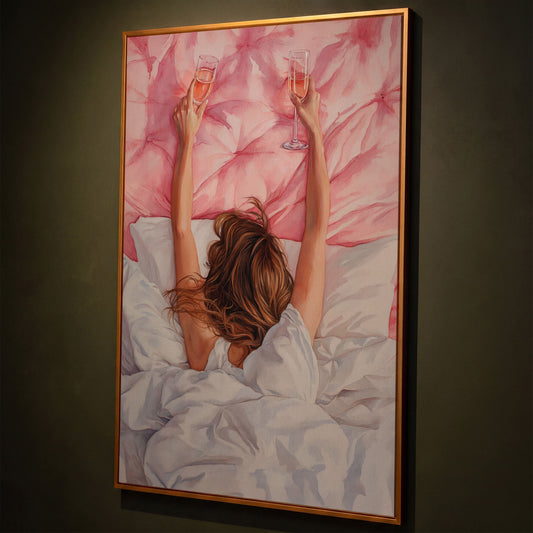 Pink Champagne Canvas Print for Feminine Bedroom Decor shown in antique gold floating frame