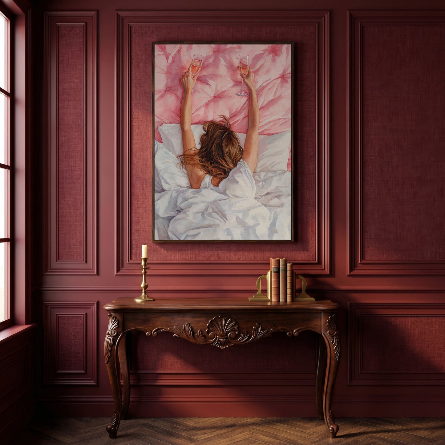 Pink Champagne Canvas Print for Feminine Bedroom Decor in dark walnut floating frame