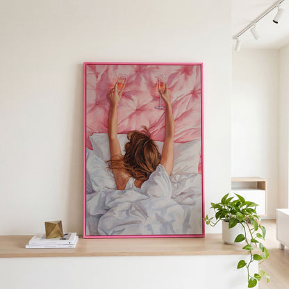 Pink Champagne Canvas Print for Feminine Bedroom Decor in pink floating frame