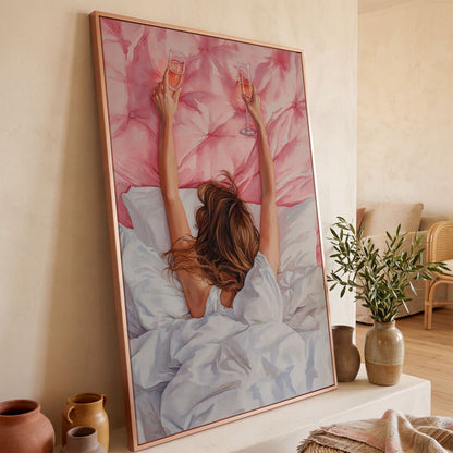 Pink Champagne Canvas Print for Feminine Bedroom Decor in rose gold floating frame
