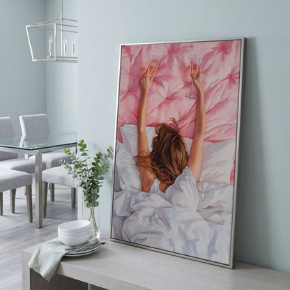 Pink Champagne Canvas Print for Feminine Bedroom Decor in silver floating frame