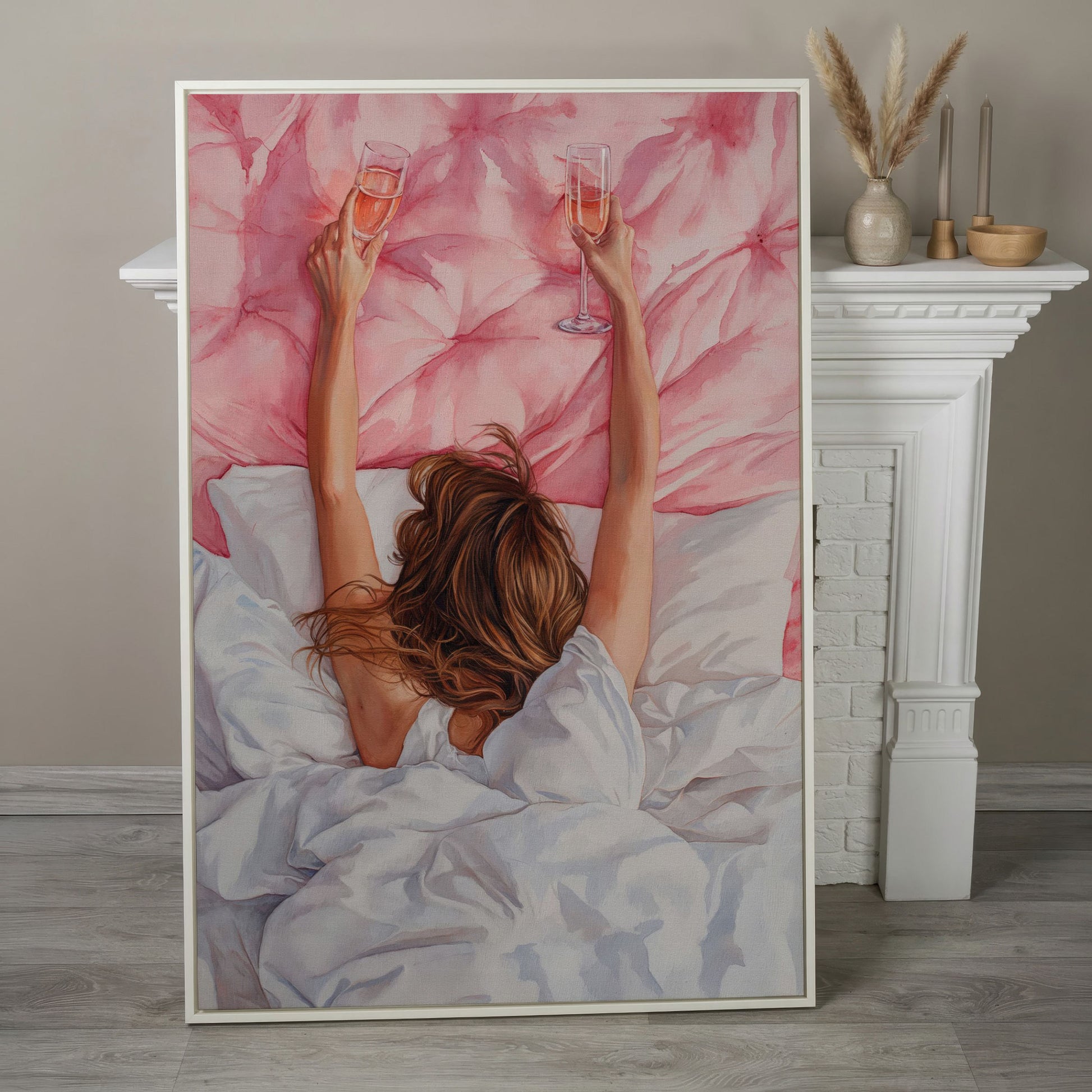 Pink Champagne Canvas Print for Feminine Bedroom Decor in white floating frame